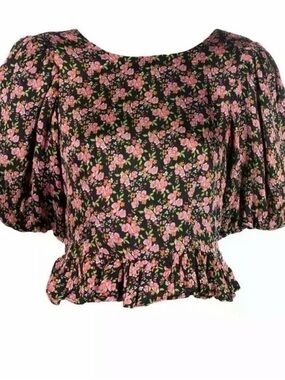 Floral Puff-Sleeve Crop Blouse - Pink Floral on Black